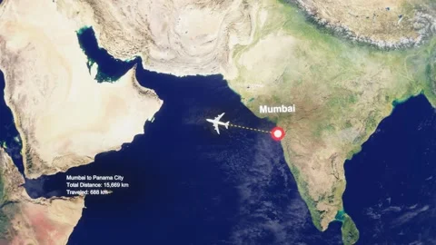 3D Earth Flight Route Mumbai To Panama City With Dotted Path And HUD Data Stock Footage 329321767