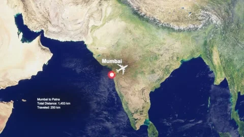 3D Earth Flight Route Mumbai To Patna With Dotted Path And HUD Data Stock Footage 329321788