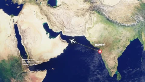3D Earth Flight Route Mumbai To Porto With Dotted Path And HUD Data Stock Footage 329321815