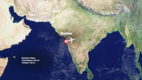 3D Earth Flight Route Mumbai To Raipur With Dotted Path And HUD Data Stock Footage 329321874
