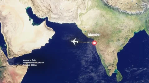 3D Earth Flight Route Mumbai To Quito With Dotted Path And HUD Data Stock Footage 329321876