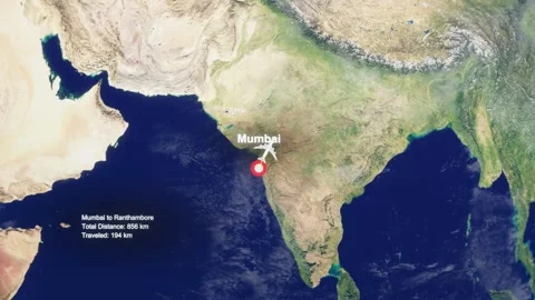 3D Earth Flight Route Mumbai To Ranthambore With Dotted Path And HUD Data Stock Footage 329321891