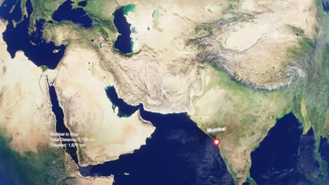 3D Earth Flight Route Mumbai To Riga With Dotted Path And HUD Data Stock Footage 329321907