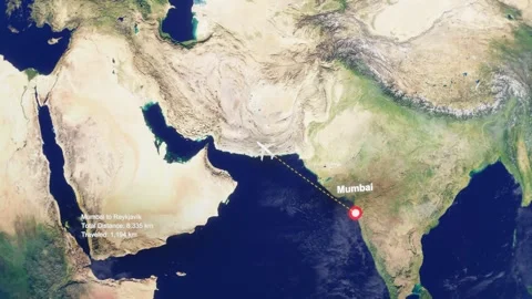 3D Earth Flight Route Mumbai To Reykjavik With Dotted Path And HUD Data Stock Footage 329321911