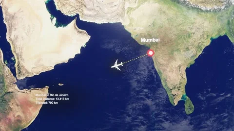 3D Earth Flight Route Mumbai To Rio De Janeiro With Dotted Path And HUD Data Stock Footage 329321914
