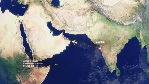 3D Earth Flight Route Mumbai To Riyadh With Dotted Path And HUD Data Stock Footage 329321922