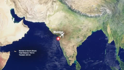 3D Earth Flight Route Mumbai To Sanchi With Dotted Path And HUD Data Stock Footage 329321929