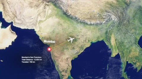 3D Earth Flight Route Mumbai To San Francisco With Dotted Path And HUD Data Stock Footage 329321937