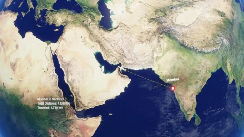 3D Earth Flight Route Mumbai To Santorini With Dotted Path And HUD Data Stock Footage 329321941