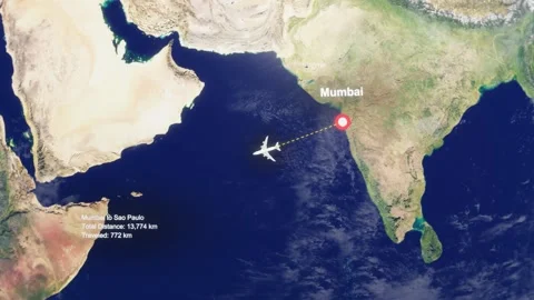 3D Earth Flight Route Mumbai To Sao Paulo With Dotted Path And HUD Data Stock Footage 329321957