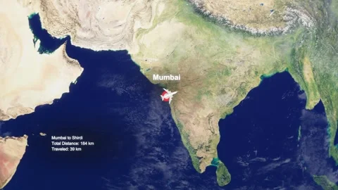 3D Earth Flight Route Mumbai To Shirdi With Dotted Path And HUD Data Stock Footage 329322054