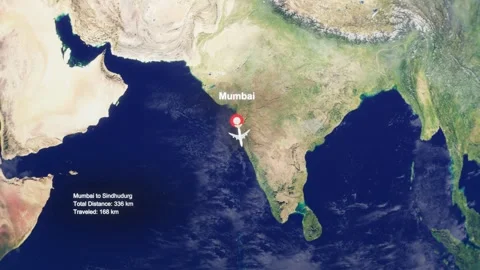 3D Earth Flight Route Mumbai To Sindhudurg With Dotted Path And HUD Data Stock Footage 329322065