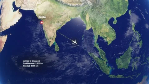 3D Earth Flight Route Mumbai To Singapore With Dotted Path And HUD Data Stock Footage 329322076