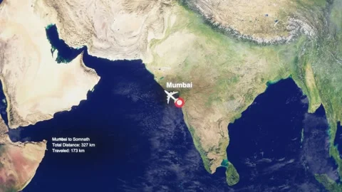 3D Earth Flight Route Mumbai To Somnath With Dotted Path And HUD Data Stock Footage 329322089