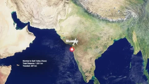 3D Earth Flight Route Mumbai To Spiti Valley With Dotted Path And HUD Data Stock Footage 329322099