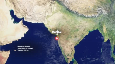 3D Earth Flight Route Mumbai To Srinagar With Dotted Path And HUD Data Stock Footage 329322114