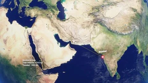 3D Earth Flight Route Mumbai To Sofia With Dotted Path And HUD Data Stock Footage 329322130