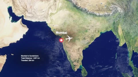 3D Earth Flight Route Mumbai To Sundarbans With Dotted Path And HUD Data Stock Footage 329322144
