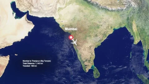 3D Earth Flight Route Mumbai To Thanjavur With Dotted Path And HUD Data Stock Footage 329322200