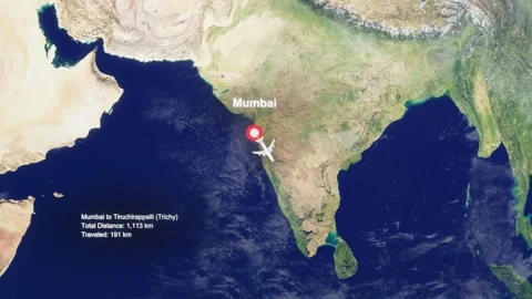 3D Earth Flight Route Mumbai To Tiruchirappalli With Dotted Path And HUD Data Stock Footage 329322208