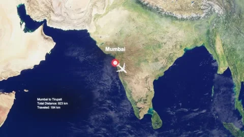 3D Earth Flight Route Mumbai To Tirupati With Dotted Path And HUD Data Video stock 329322211