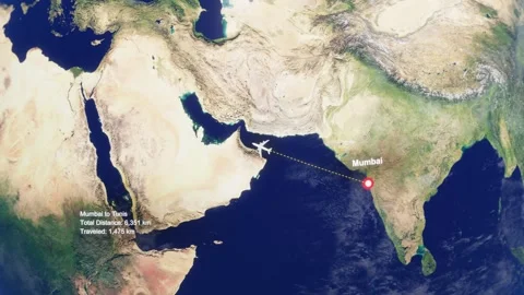3D Earth Flight Route Mumbai To Tunis With Dotted Path And HUD Data Stock Footage 329322245