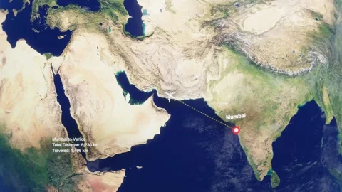 3D Earth Flight Route Mumbai To Venice With Dotted Path And HUD Data Stock Footage 329322339