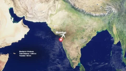 3D Earth Flight Route Mumbai To Vrindavan With Dotted Path And HUD Data Stock Footage 329322366