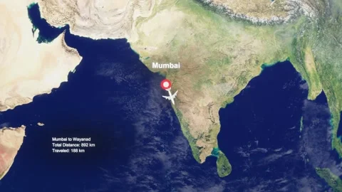 3D Earth Flight Route Mumbai To Wayanad With Dotted Path And HUD Data Stock Footage 329322386