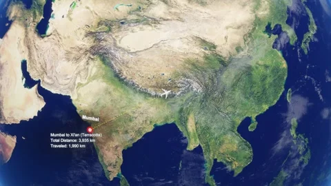 3D Earth Flight Route Mumbai To Xian With Dotted Path And HUD Data Stock Footage 329322404