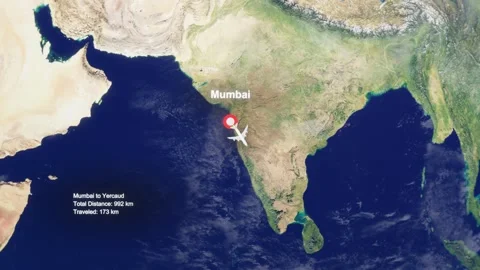 3D Earth Flight Route Mumbai To Yercaud With Dotted Path And HUD Data Stock Footage 329322421