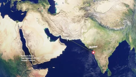 3D Earth Flight Route Mumbai To Zurich With Dotted Path And HUD Data Stock Footage 329322447