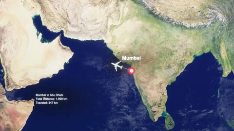 3D Earth Flight Route Mumbai To Abu Dhabi With Dotted Path And HUD Data Stock Footage 329322465