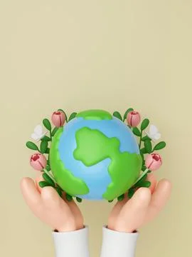 3d earth with flower. Concept of Save the Earth, Protect environmental and eco Stock Illustration