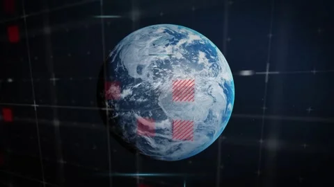 3D Earth globe appearing and rotating, red squares emerging and clustering, Stock Footage 330002701