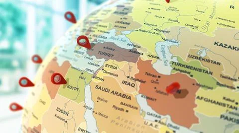 3d earth globe with arabian countries location points. Illustrazione stock