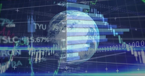 3D Earth globe being animated in blue grid UI with binary streams, line graphs Stock Footage 307436037
