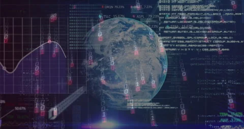 3D Earth globe being rendered at center, displaying binary streams and data Stock Footage 307972656