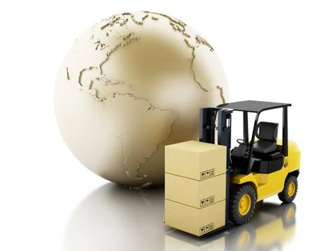3d Earth globe with cardboard boxes. Delivery business concept. 스톡 일러스트