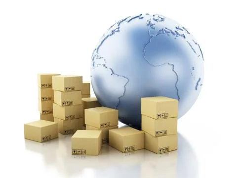 3d Earth globe with cardboard boxes. Stock Illustration