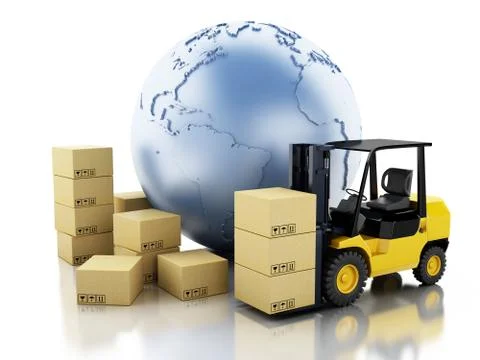 3d Earth globe with cardboard boxes. Delivery business concept. Stock Illustration