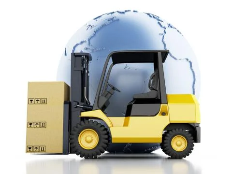 3d Earth globe with cardboard boxes. Delivery business concept. Stock Illustration