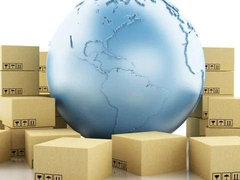 3d Earth globe with cardboard boxes. イラスト素材