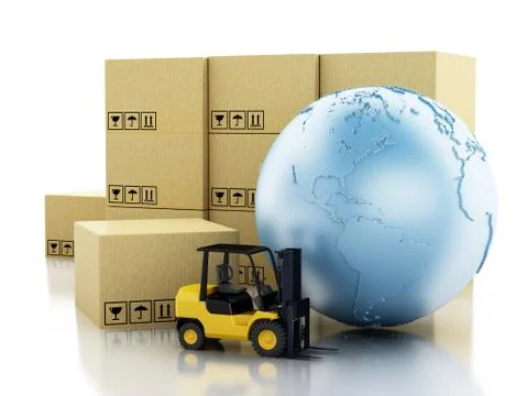 3d Earth globe with cardboard boxes. Stock Illustration