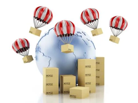 3d Earth globe with cardboard boxes. Stock Illustration