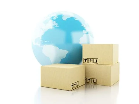 3d Earth globe with cardboard boxes. Stock Illustration