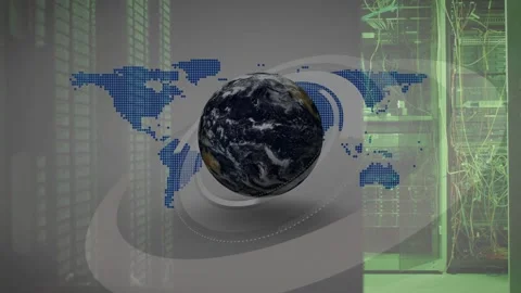 3D Earth globe emerging from dotted map over server racks, rotating rings Stock Footage 332591971
