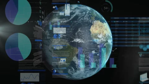 3D Earth globe floating in dark data UI, displaying multiple charts, gauges, Vidéo 307885967