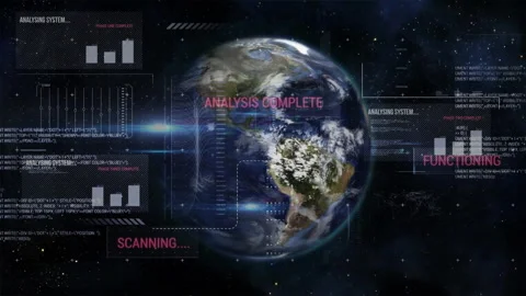 3D Earth globe floating in space, displaying holographic bar charts, line Stock Footage 307885992
