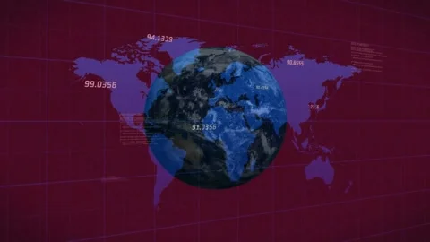 3D Earth globe floating in tech data visualization, featuring numeric labels and Stock Footage 329289687